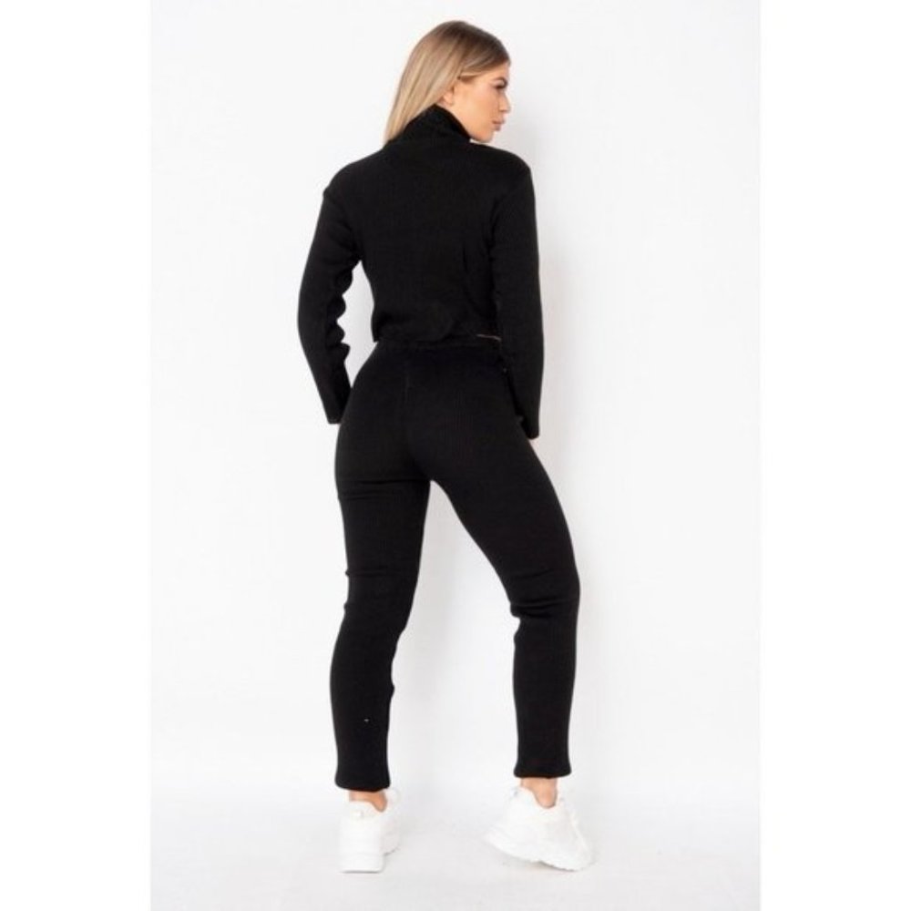 Black Knitted Long Sleeve Turtle Neck Sweater Crop Top and Pants Two Piece Set - Picture 14 of 17